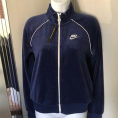 Nice Navy Blue Velour Zipper Down With Embroidered White Logo Navy Blue Nike Sweater, Nike Windbreaker Jacket Outfit, Casual Navy Track Jacket, Nike Fleece Jacket, Black Nike Hoodie, Nike Running Jacket, Nike Quarter Zip, Nike Zip Up, Nike Windbreaker