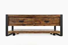 a wooden table with two drawers and wheels on the bottom, against a white background