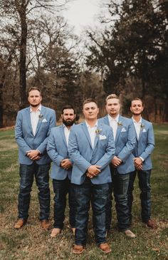 Denim Blue Suit Men, Fall Wedding Cowboy Boots, Blue Jeans Groomsmen, Suit Jacket And Jeans, Groom Jeans And Jacket, Navy Jacket And Jeans Groom, Jeans And Suit Jacket Men Wedding, Dusty Blue Groomsmen Attire Jeans, Jeans Groomsmen Attire