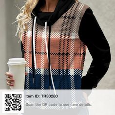 Unique Outfit, Cowl Neck Sweatshirt, Cowl Neck Long Sleeve, Orange Plaid, Lovely Tops, Sweatshirt Outfit, Sweatshirts Online, Printed Drawstring, Women Hoodies Sweatshirts