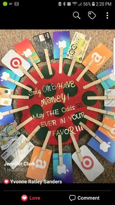 a circle made out of many different types of cards and toothpicks with the words stay one's have money on them