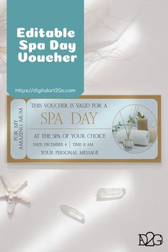 a white and gold spa day ticket sitting on top of a table next to starfish