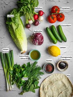 an assortment of fresh vegetables on a white surface with the words in spanish above them