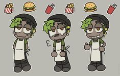 three cartoon characters with different facial expressions and food on their faces, including hamburgers