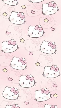 hello kitty wallpaper with many different types of cats and stars on the pink background