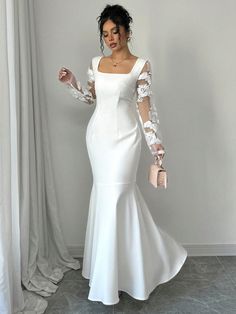 Women's Elegant Square Neckline Bodycon Mermaid Dress Maxi Women Outfit White Elegant  Long Sleeve Woven Fabric Plain Fitted Non-Stretch  Women Clothing, size features are:Bust: ,Length: ,Sleeve Length: Bodycon Mermaid Dress, Push Up Lingerie, Outfit White, Short Dresses Casual, Women Outfit, Elegant Dresses Long, Women Maxi, Dress 16, Dress Maxi