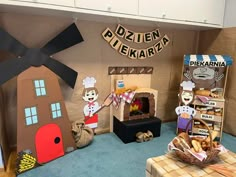 there are many different foods on display in this room, including breads and pastries