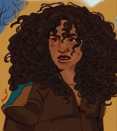 a drawing of a woman with curly hair wearing a black top and brown jacket, looking at the camera