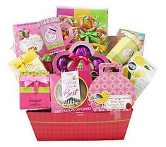 a pink basket filled with lots of different items