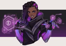 an animated character with purple hair and black skin, holding her hands out to the side