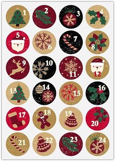 christmas stickers with numbers and decorations on them, including santa's hat, holly wreath