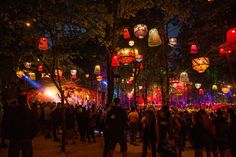 many people are standing in the park at night with lanterns hanging from trees and onlookers