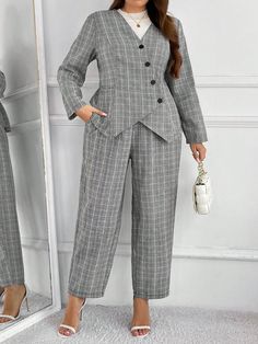 Plus Size Women Plaid Print Fitted Blazer Suit, Fashion Casual Business Work Daily Outgoing Party Essential Suit Set Multicolor Elegant    Plaid  Non-Stretch  Women Plus Clothing, size features are:Bust: ,Length: ,Sleeve Length: Blazer Casual, Grey Colour Suit, Plus Size Suits, Fleece Tights, Traje Casual, Fitted Blazer, Womens Tights, Casual Blazer, Long Sleeve Blazers