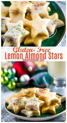 lemon almond stars with sprinkles are on a green plate