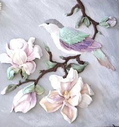 two birds are sitting on a branch with flowers