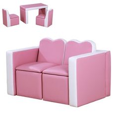 a pink and white toy couch with two matching tables on each side, one for the child's chair