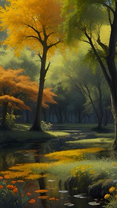 an oil painting of trees and water in the middle of a forest filled with yellow flowers