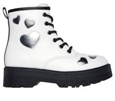 Have them looking oh-so-cool wearing Skechers Gravlen Hi - Metallic Heart. This mid-calf lace-up boot is embellished with metallic cut-out hearts and features a smooth faux-leather upper, side-zip closure, and a rugged, platform midsole. | Skechers Girl's Gravlen Hi - Metallic Heart Boots | Medium Width | Skechers easy on, easy off Adaptive Closure for a customized fit | Cushioned comfort insole | Smooth faux-leather upper with metallic cut-out heart embellishments | Mid-calf boot with side zipp Cute White Lace-up Boots, Trendy Round Toe Boots For Valentine's Day, Heart Boots, Heart Embellishments, Summer Clearance Sale, Summer Clearance, Girls Shoes Kids, Wide Shoes, 4 Inch Heels