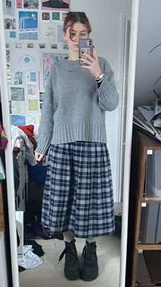 Chunky Sweater Long Skirt, Skirts And Sweaters Outfit Fall, Platform Boots Skirt Outfit, Grey Checkered Skirt Outfit, Long Skirt Chunky Sweater, Midi Skirts And Boots, Oversized Sweater Over Dress Outfit, Oversize Jumper Outfit, Long Skirt And Jumper