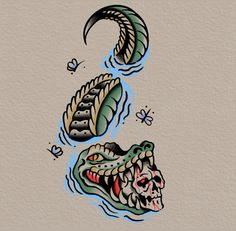 an image of a tattoo design on the back of someones arm and head with a dragon's mouth