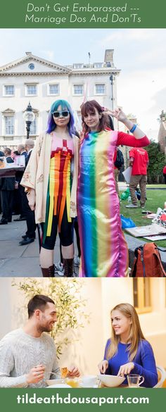 two people dressed up in rainbow outfits and one is holding a drink while the other has her hand on her hip