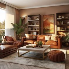 a living room filled with lots of furniture and bookshelves next to a window