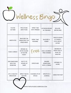 a poster with an apple and a person on it that says, wellness bingo