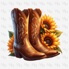 a pair of cowboy boots with sunflowers