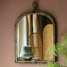 a mirror hanging on the wall next to a potted plant