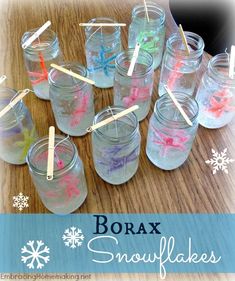 snowflakes are in mason jars with toothpicks stuck to them and the words borax on top