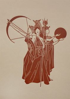 an image of a woman holding a bow and arrow in her right hand with two other women behind her