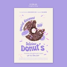 a flyer for a doughnut shop with chocolate frosting and sprinkles