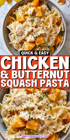 chicken and butternut squash pasta in a bowl with the title overlay above it