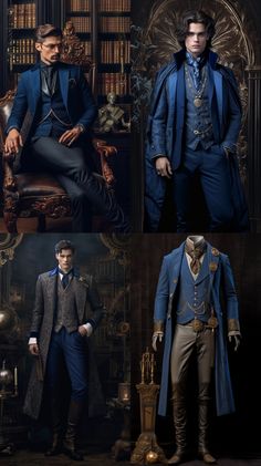 Mens Formal Fantasy Outfit, Yule Ball Dress Robes Men, Celestial Suit Men, Regal Outfits Men, Fantasy Mens Clothes, Gothic Fashion Men, Ravenclaw Outfit, Suits Men