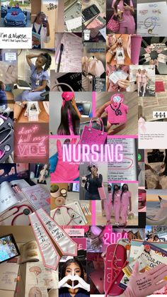 the collage shows many different images of women in pink outfits and accessories, including an umbrella