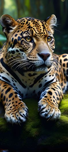 a large leopard laying on top of a lush green forest covered in leaves and grass