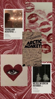 an art piece with red and white images on it, including the words arctic monkeys