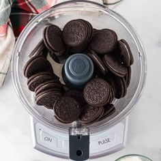 a food processor filled with oreo cookies