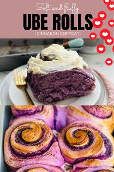 three different pictures with text that says, soft and fluffy ube rolls cinnamon copycat