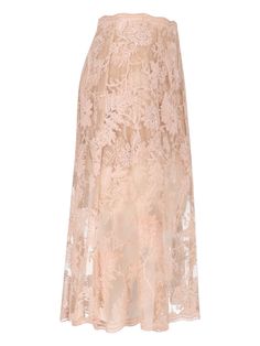 Ermanno Scervino lace midi skirt in pink fabric with semi-transparent design, all-over floral pattern, mid waist, side zip closure, scalloped trims, beige lining, flared hem. Composition: 35% Viscose, 35% Polyester, 30% Polyamide Pink Floral Skirt, Lace Midi Skirt, Scallop Edge, Pleats Please Issey Miyake, Ermanno Scervino, Pink Tulle, Black Midi Skirt, Transparent Design, Lace Midi