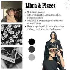 an advertisement for libra and pisces, with images of women in black clothing