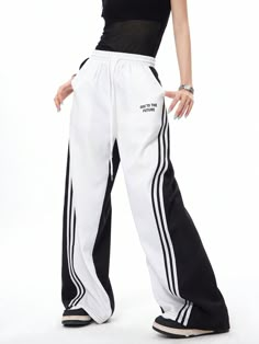 Women's Streetwear Athleisure Back To School Sportswear Casual Color-Blocked Banded Texture Decoration Lace Up Pant Black and White Casual   Polyester Colorblock,Letter,Striped Wide Leg Non-Stretch  Women Clothing, size features are:Bust: ,Length: ,Sleeve Length: Sport Pants Women, Streetwear Futuristic, Streetwear Athleisure, White Pants Casual, Black And White Pants, Sports Pants Women, Concept Clothing, Athleisure Women, Sportswear Fashion