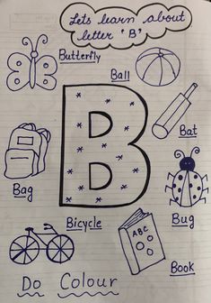 a notebook with writing and doodles written on it that says, let's learn about butterfly b