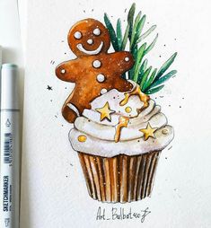 a drawing of a ginger on top of a cupcake