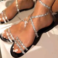 Category:Sandals; Upper Materials:PVC; Embellishment:Rhinestone; Season:Summer; Heel Type:Flat Heel; Gender:Women's; Toe Shape:Open Toe; Style:Casual; Heel Height(inch):<1; Outsole Materials:Rubber; Occasion:Beach,Daily; Closure Type:Ankle Strap; Pattern:Solid Colored; Shipping Weight:0.413; Production mode:Self-produce; 2024 Trends:Bling Bling,Sparkly Sandals,Sparkling Shoes,Boho Bohemia Beach,Lace Up Sandals Strappy Sandals; Foot Length:; Foot Width:null; Size chart date source:Provided by Sup Sparkly Sandals, Womens Black Flats, Elegant Flats, Work Formal, Rhinestone Flats, Buckled Flats, Rhinestone Shoes, Crystal Shoes, Rhinestone Sandals