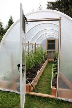 a greenhouse filled with lots of plants in it's own yard and surrounded by green grass