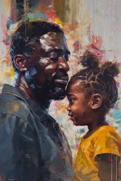 "Introducing \"Timeless Bond,\" a mesmerizing and moving painting that captures the profound connection between a father and his daughter. This exquisite artwork showcases a father and his child sharing a heartfelt smile, their eyes gleaming with love and adoration as they face one another. The artist's masterful brushstrokes and vivid hues bring to life the warmth and joy that emanates from this precious moment. \"Timeless Bond\" is a celebration of love and family, making it an ideal addition Black Love Abstract Art, Family Portraits Art, Family Love Art, Black Artists Artworks, Black Family Art, Daughter Black, Family Artwork, Father And Daughter Love, Love And Family