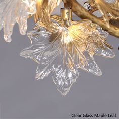 a chandelier with clear glass leaves hanging from it