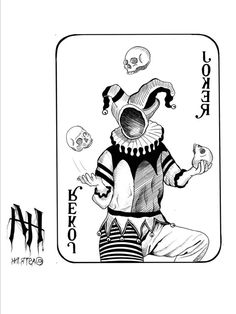 a joker playing card with skulls on the back and an image of a clown holding a skull