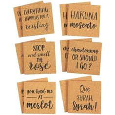 Item Description Add a cute, novelty twist to the usual everyday coasters with this set of fun wine pun design beverage coasters for bars, restaurants, home and the office! Each coaster features a different, pun of a famous wine variety, including: "Everything happens for a riesling", "Hakuna moscato", "Chardonnay or should I go!", "Que Sarah, Syrah", "You had me at Merlot", and "Stop and smell the Ros". This set of fun, novelty emoji coasters provides protection from beverage stains and marks t Wine Puns, Emoji Patterns, Wine Variety, Funny Coasters, Coaster Crafts, Cool Coasters, Cork Material, Laser Engraved Ideas, Wine Coasters